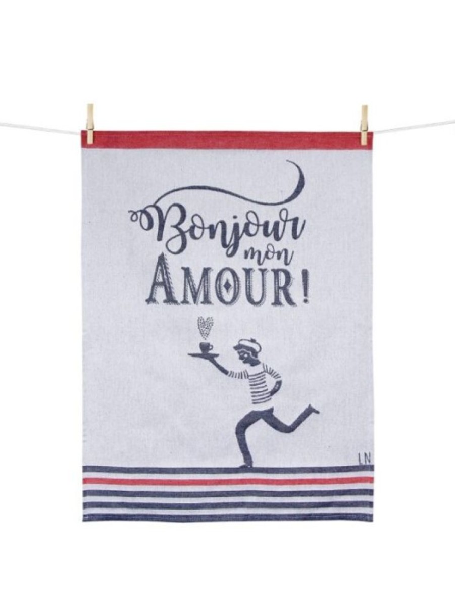 Products Tissage MOUTET | Woven Tea Towel Bonjour Mon Amour 100% Cotton