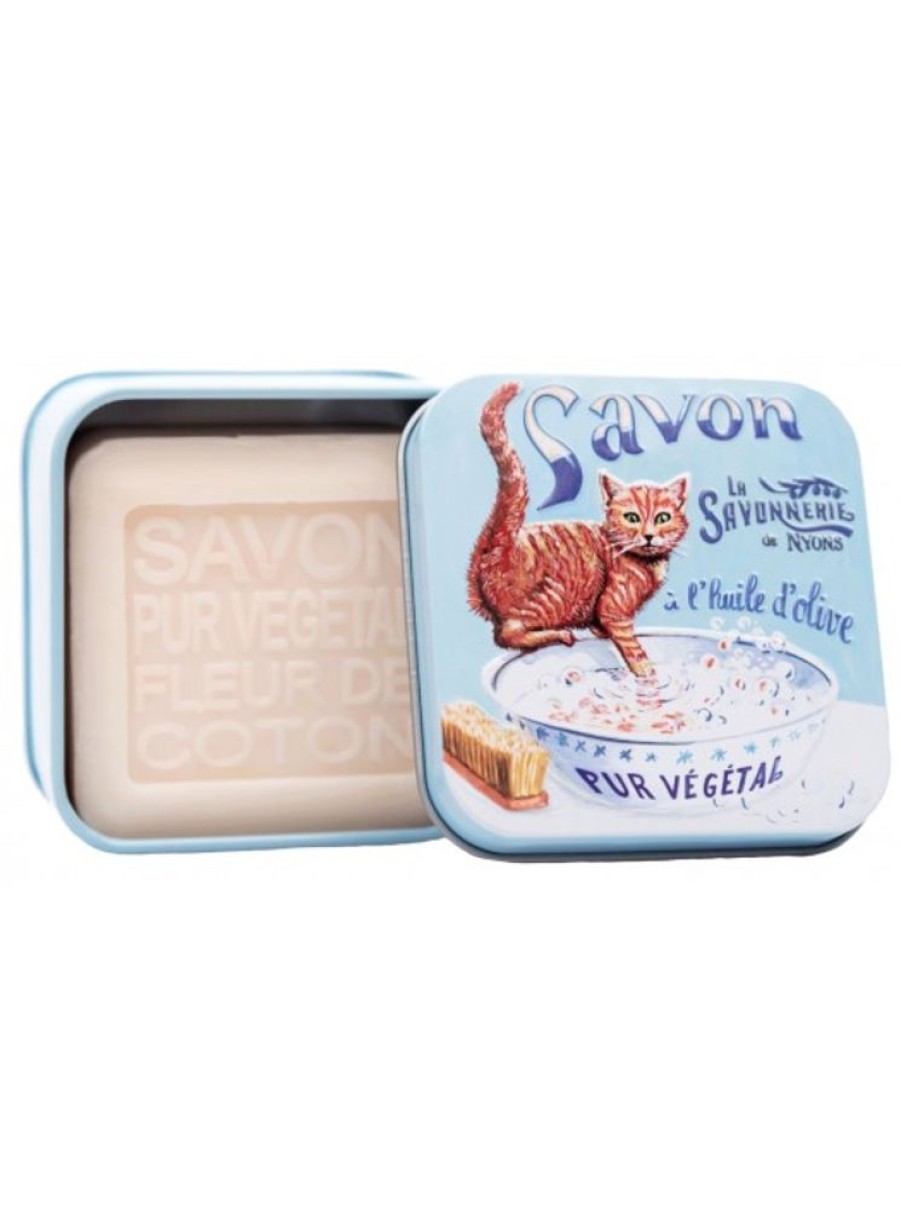 Products Savonnerie de Nyons | Soap 100G Cotton Flower-Metal Box Vintage-Ginger Cat